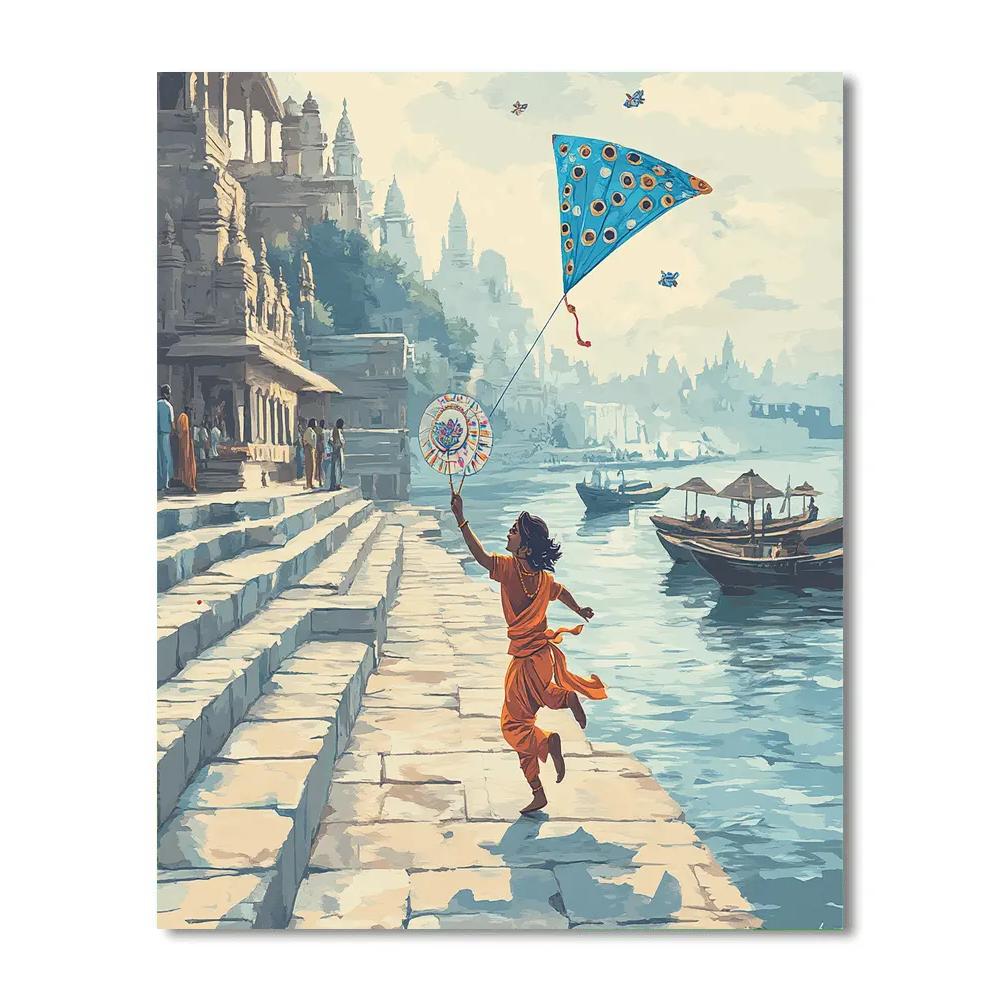 Krishna With A Lotus Kite Over River Steps DIY paint by numbers