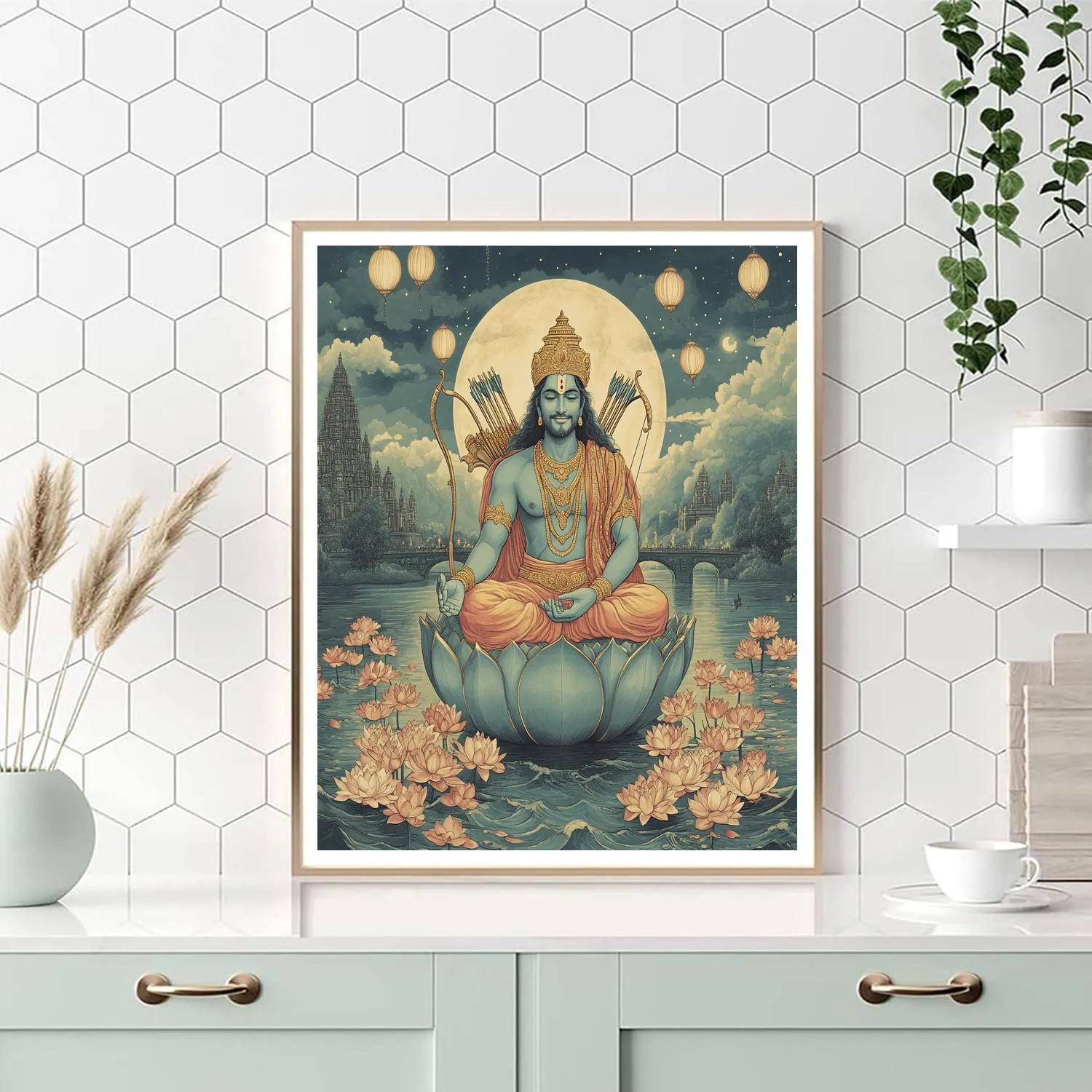Rama-Crowned Lotus Bridge Over Starlit Waters paint by numbers