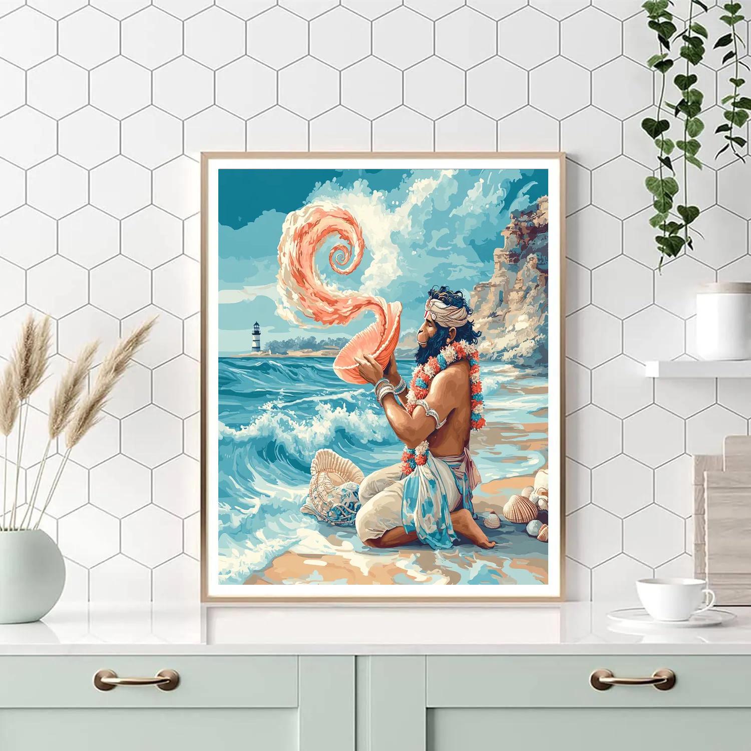 Seaside Hanuman With Coral Conch paint by number