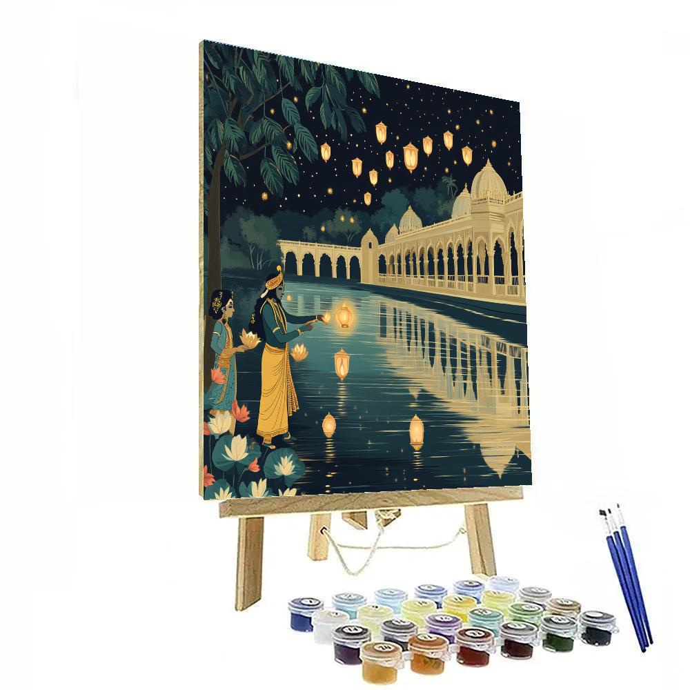 Krishna Floating Lanterns With Gopis On A Star Canal Painting by numbers kit