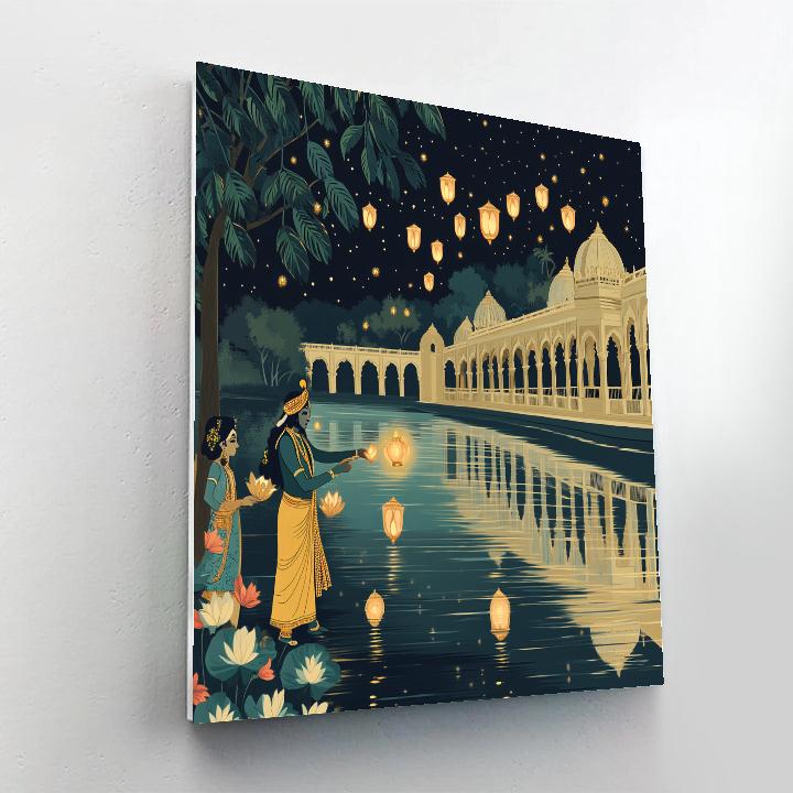 Krishna Floating Lanterns With Gopis On A Star Canal Painting by numbers kit