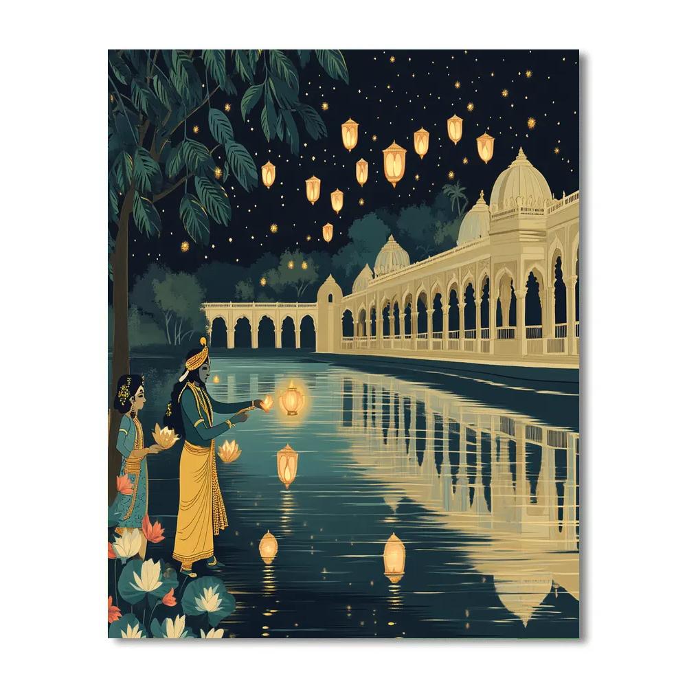 Krishna Floating Lanterns With Gopis On A Star Canal Painting by numbers kit