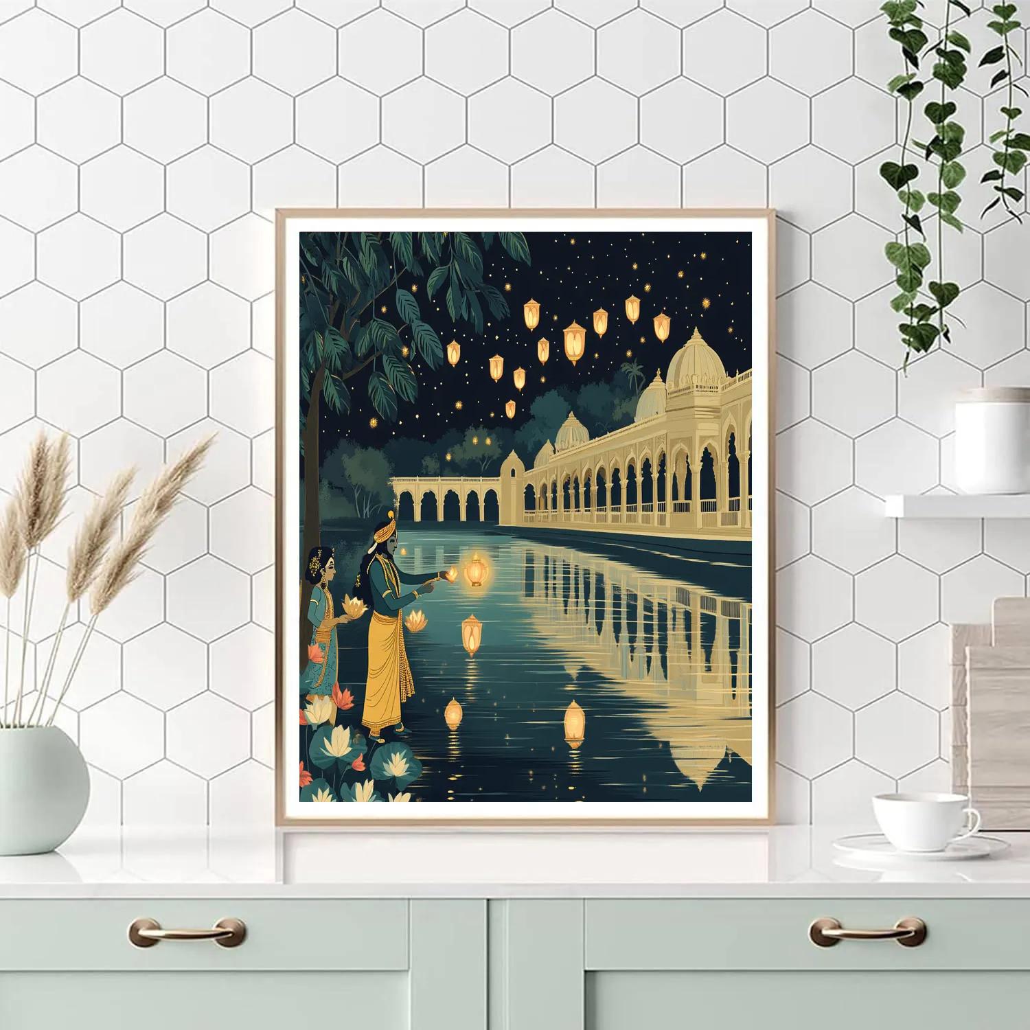 Krishna Floating Lanterns With Gopis On A Star Canal Painting by numbers kit