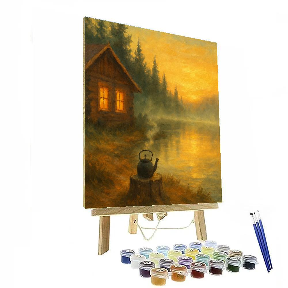 Sunrise Kettle Steam By The Lakeside Cabin paint by number