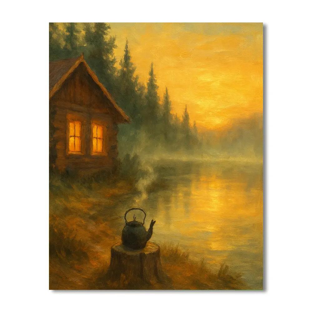 Sunrise Kettle Steam By The Lakeside Cabin paint by number