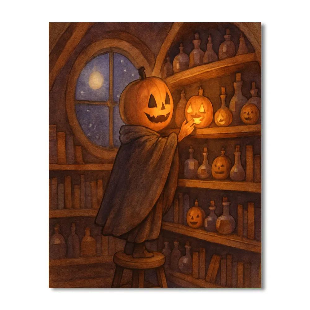The Pumpkin Librarian At Moonlit Shelves painting number kit