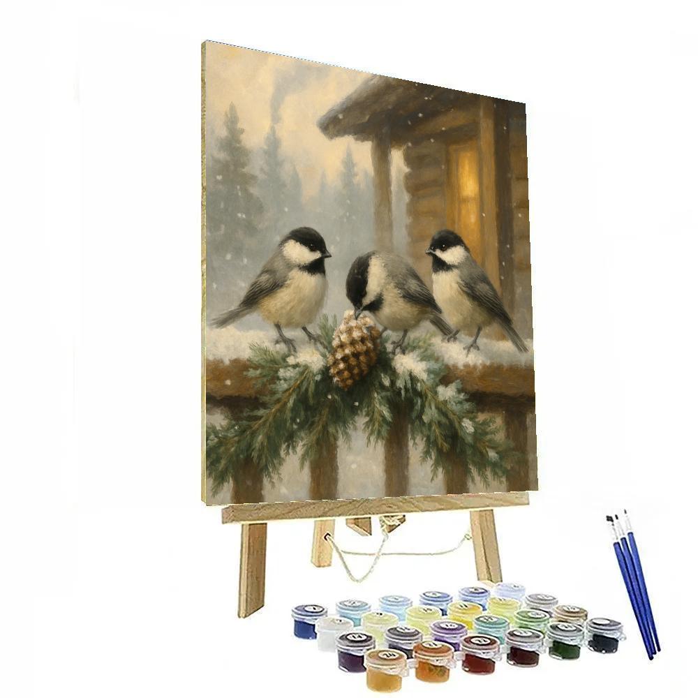 Snowy Porch Chickadees And Warm Pine Shadows Paint by numbers art