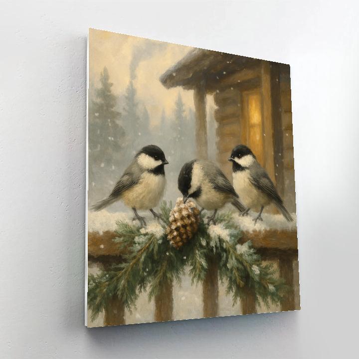 Snowy Porch Chickadees And Warm Pine Shadows Paint by numbers art