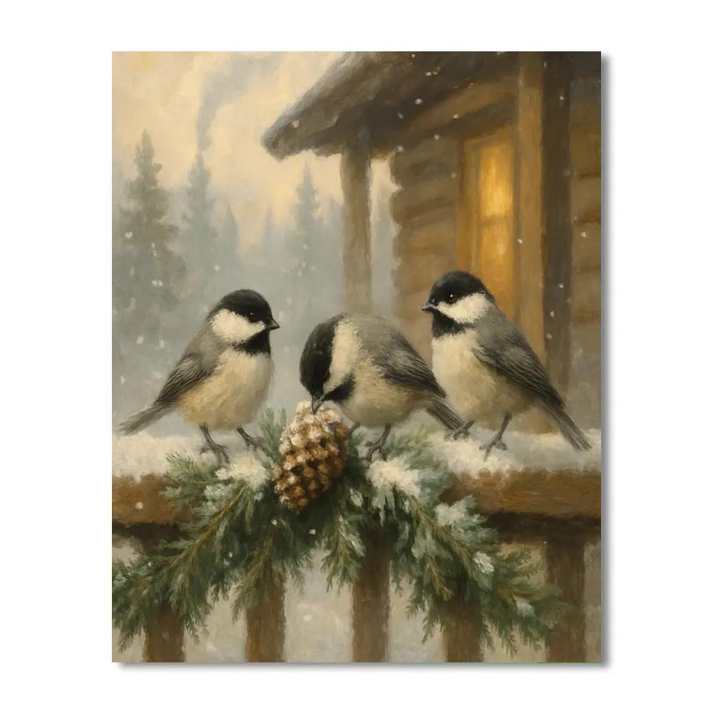 Snowy Porch Chickadees And Warm Pine Shadows Paint by numbers art