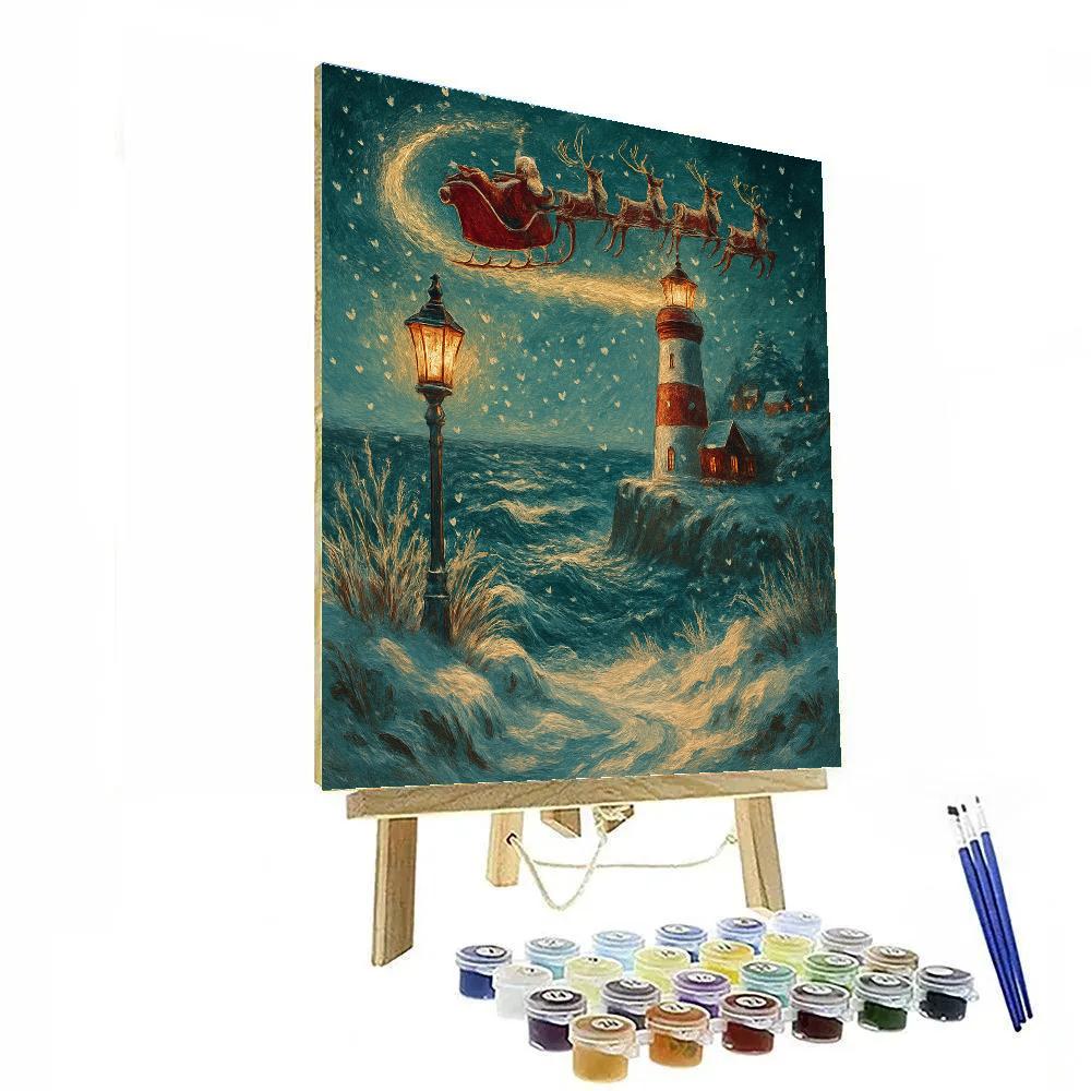 Santa Sleigh Over The Lighthouse Snowstorm Paint by numbers kits