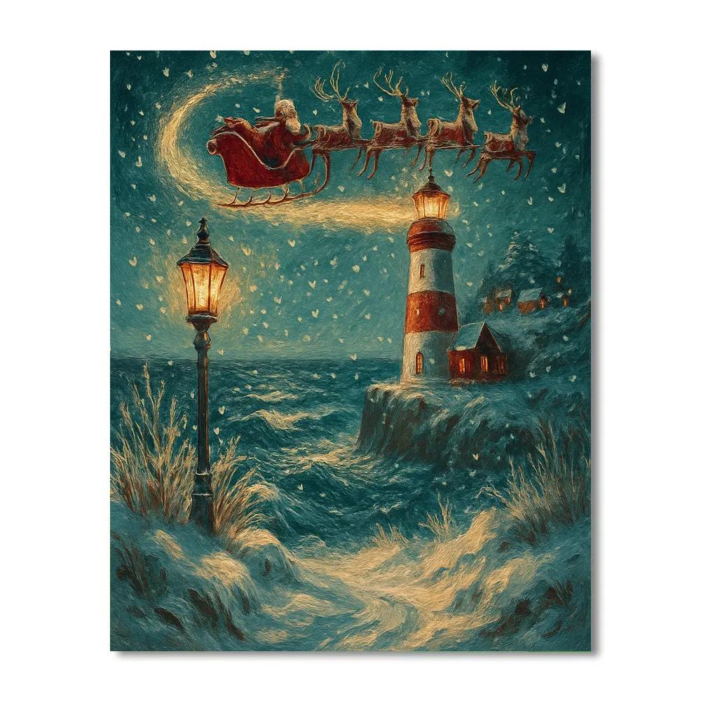 Santa Sleigh Over The Lighthouse Snowstorm Paint by numbers kits