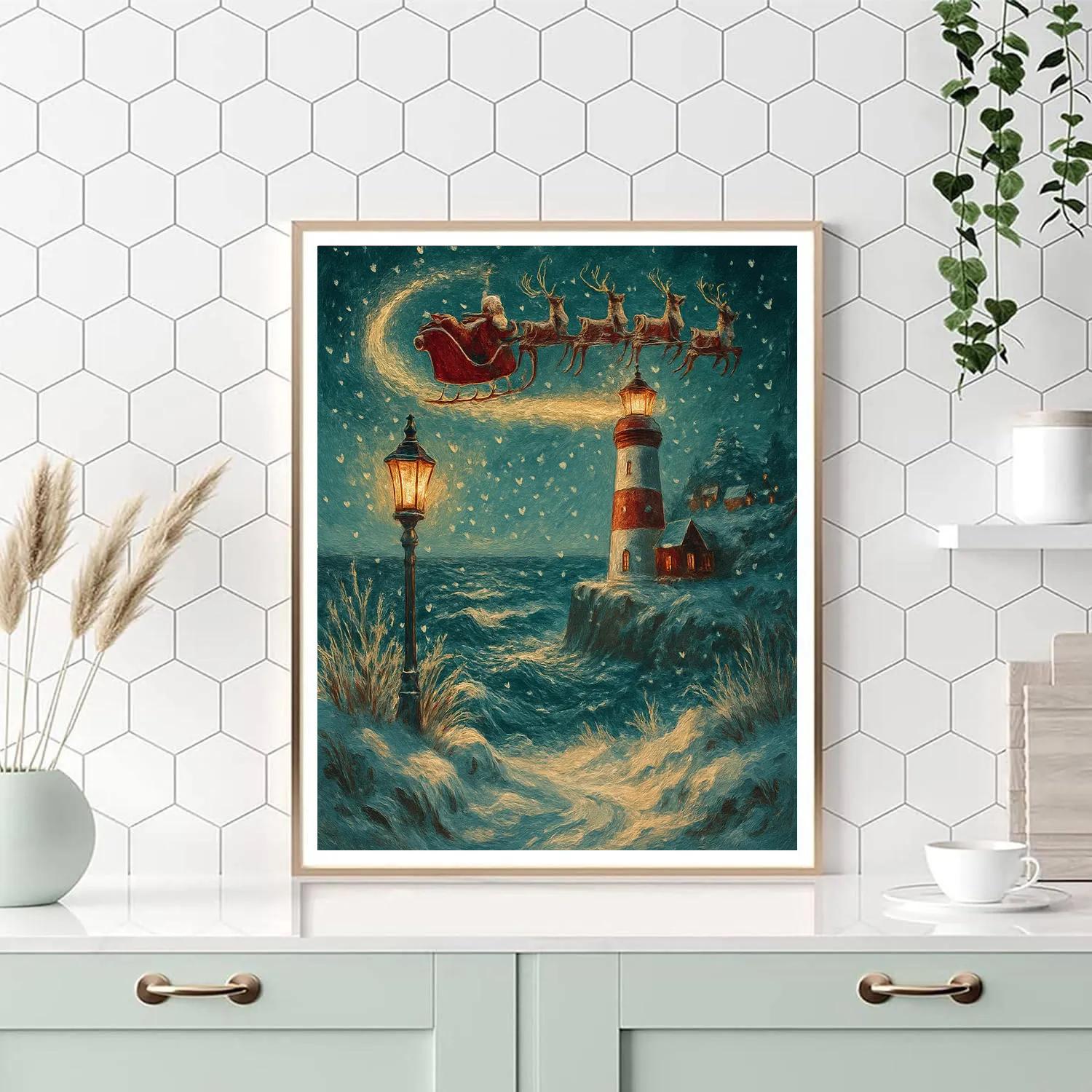 Santa Sleigh Over The Lighthouse Snowstorm Paint by numbers kits