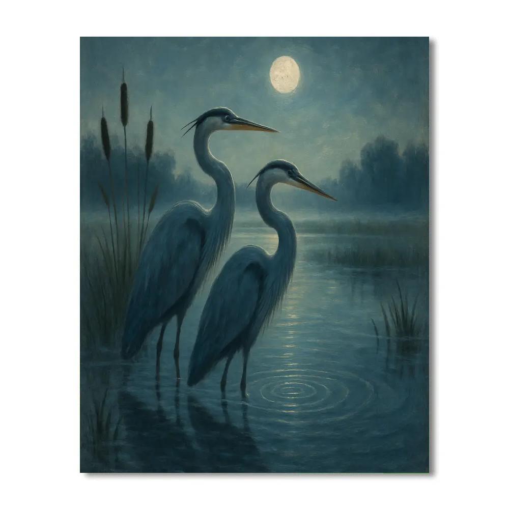 Moonlit Herons In The Quiet Marsh painting number kit