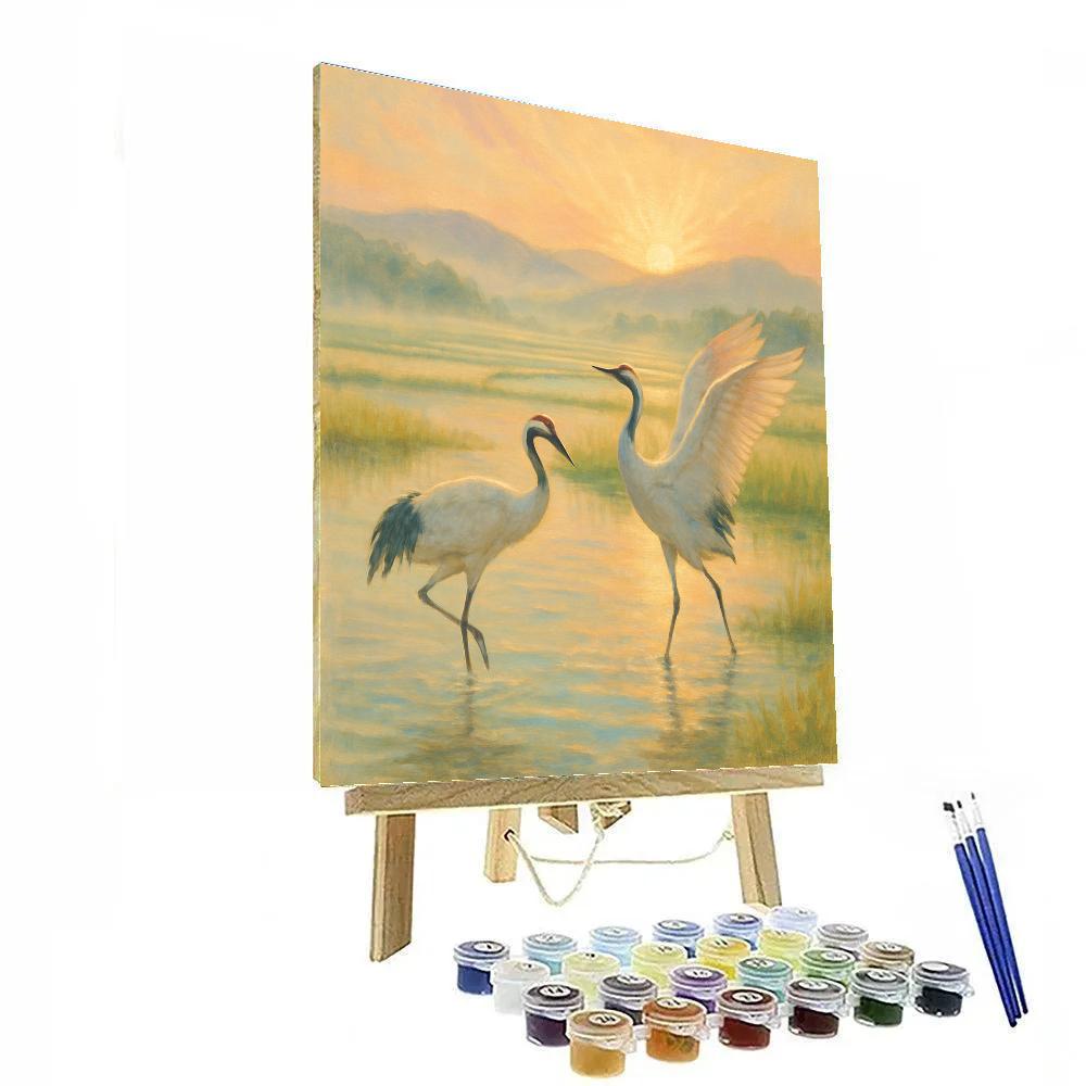 Sunrise Cranes Over The Misty Rice Fields painting number kit