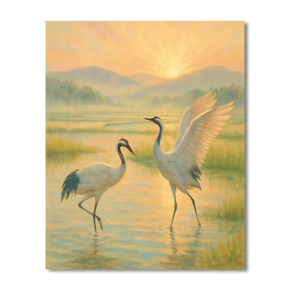 Sunrise Cranes Over The Misty Rice Fields painting number kit