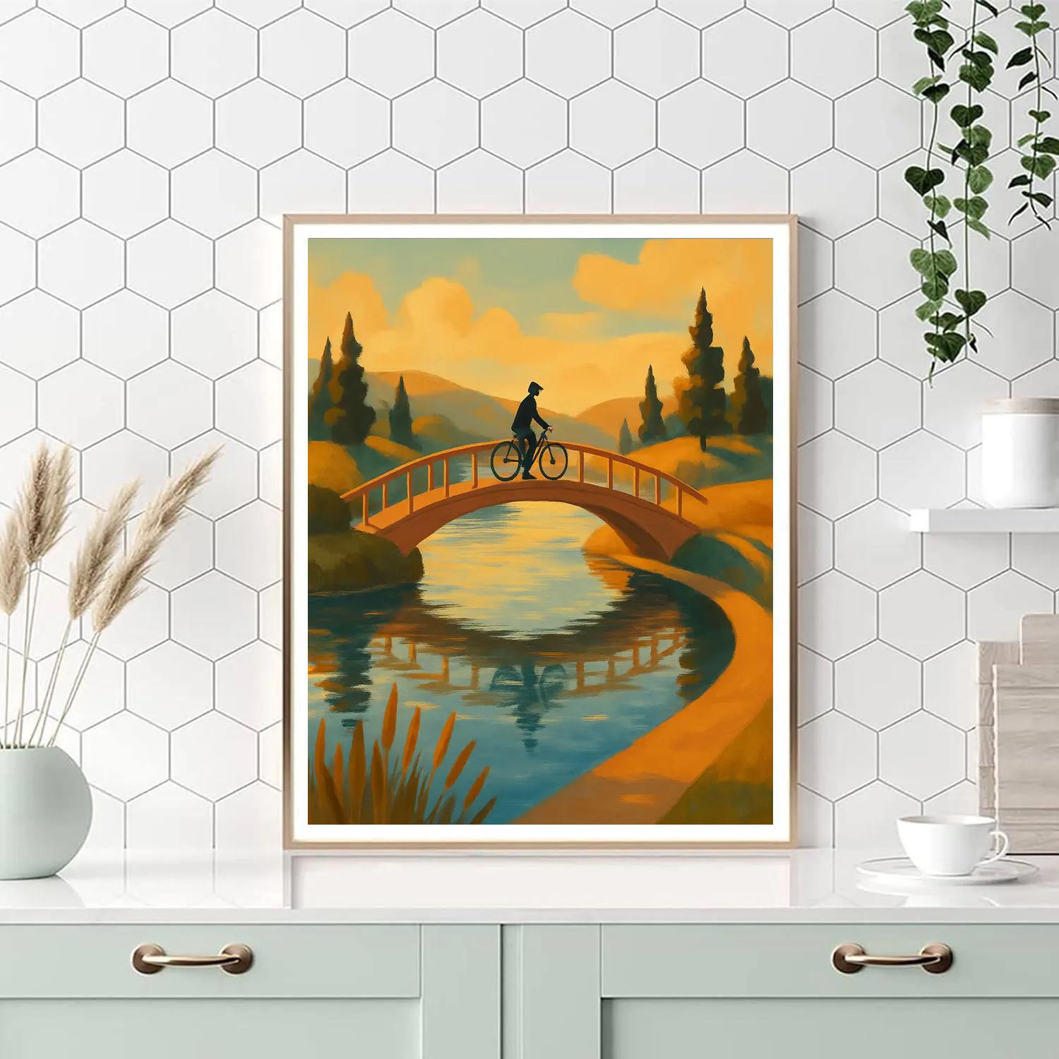 Golden Hour Bridge Over Quiet Lake Bend painting number kit