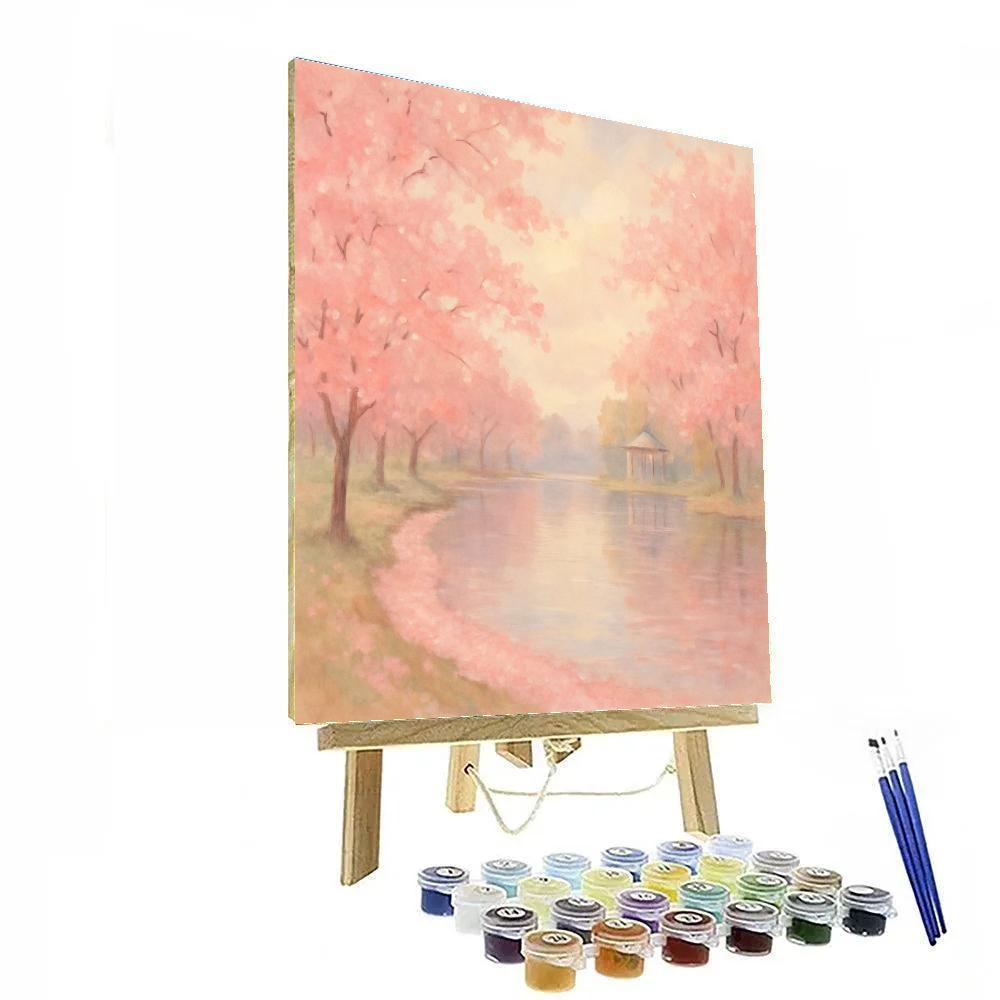 Cherry Blossom Lake With Soft Petal Drift painting number kit