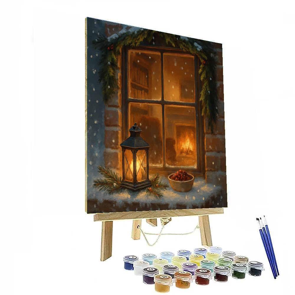 Fireside Library Window In Falling Snow Paint by numbers kits