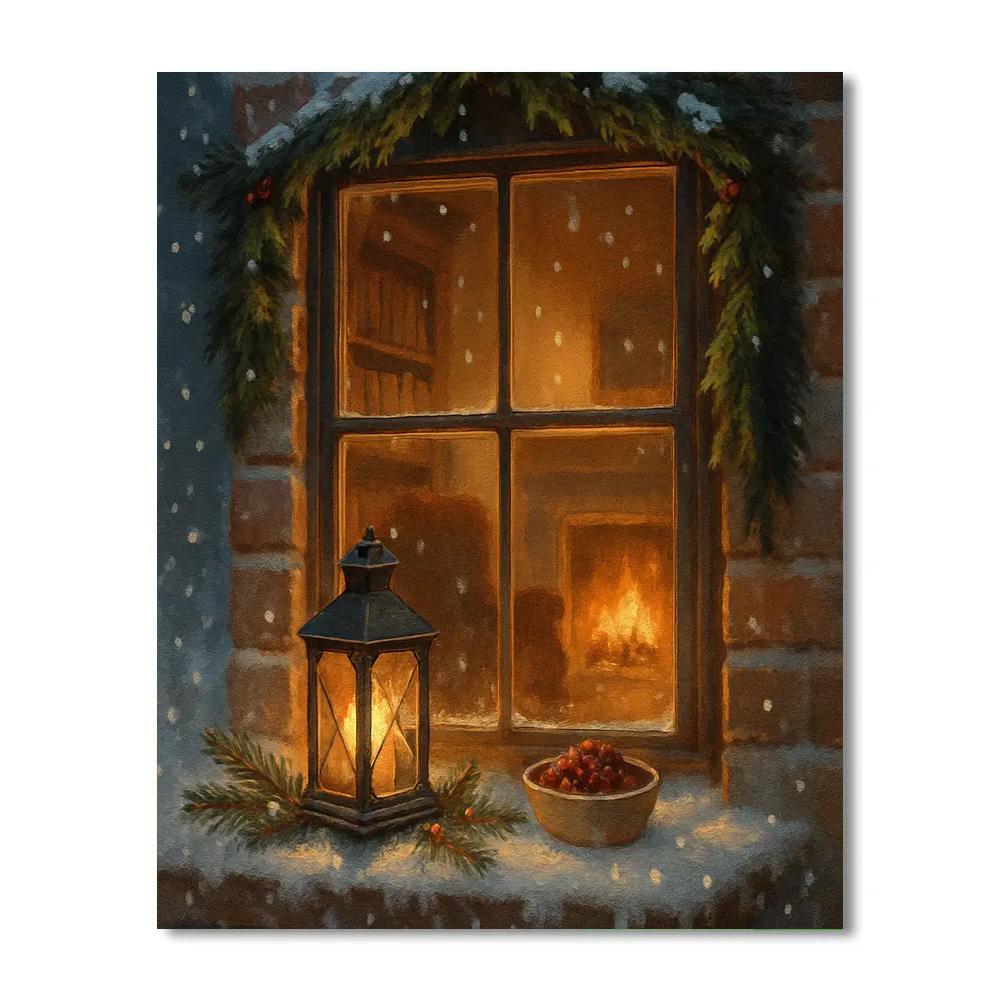Fireside Library Window In Falling Snow Paint by numbers kits