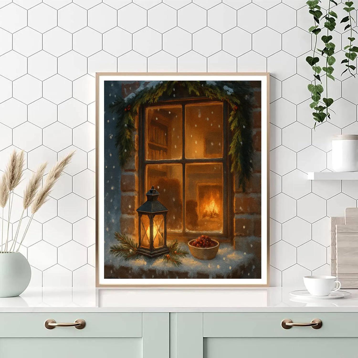 Fireside Library Window In Falling Snow Paint by numbers kits