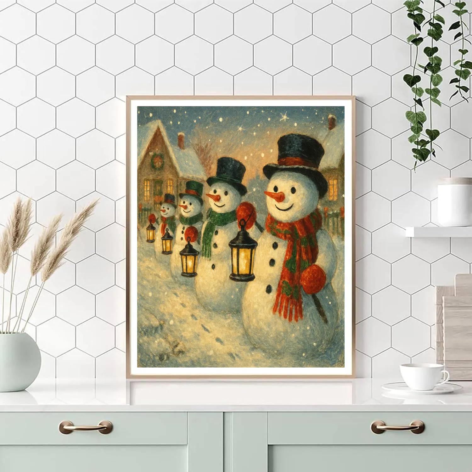 Snowman Lantern Parade On The Village Lane paint by number