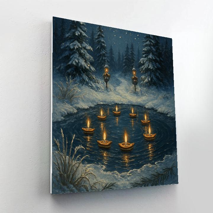 Enchanted Ice Pond With Floating Candle Boats paint by number