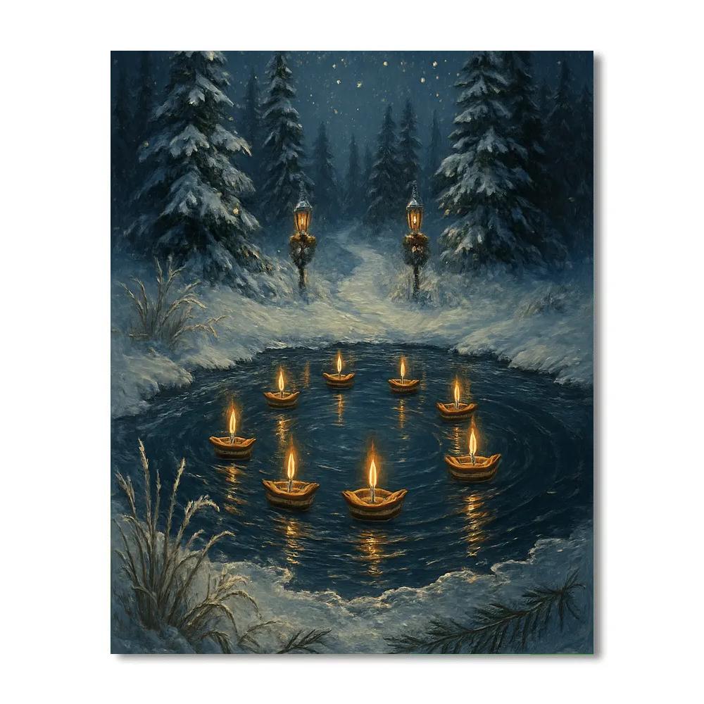 Enchanted Ice Pond With Floating Candle Boats paint by number