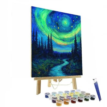 Van Gogh Inspired Aurora Over Pine Forest paint by numbers