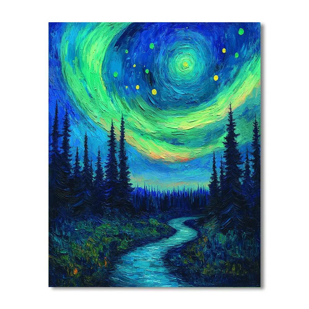 Van Gogh Inspired Aurora Over Pine Forest paint by numbers