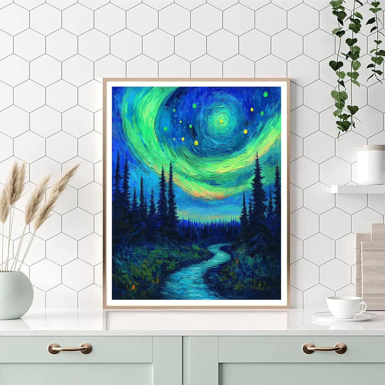 Van Gogh Inspired Aurora Over Pine Forest paint by numbers