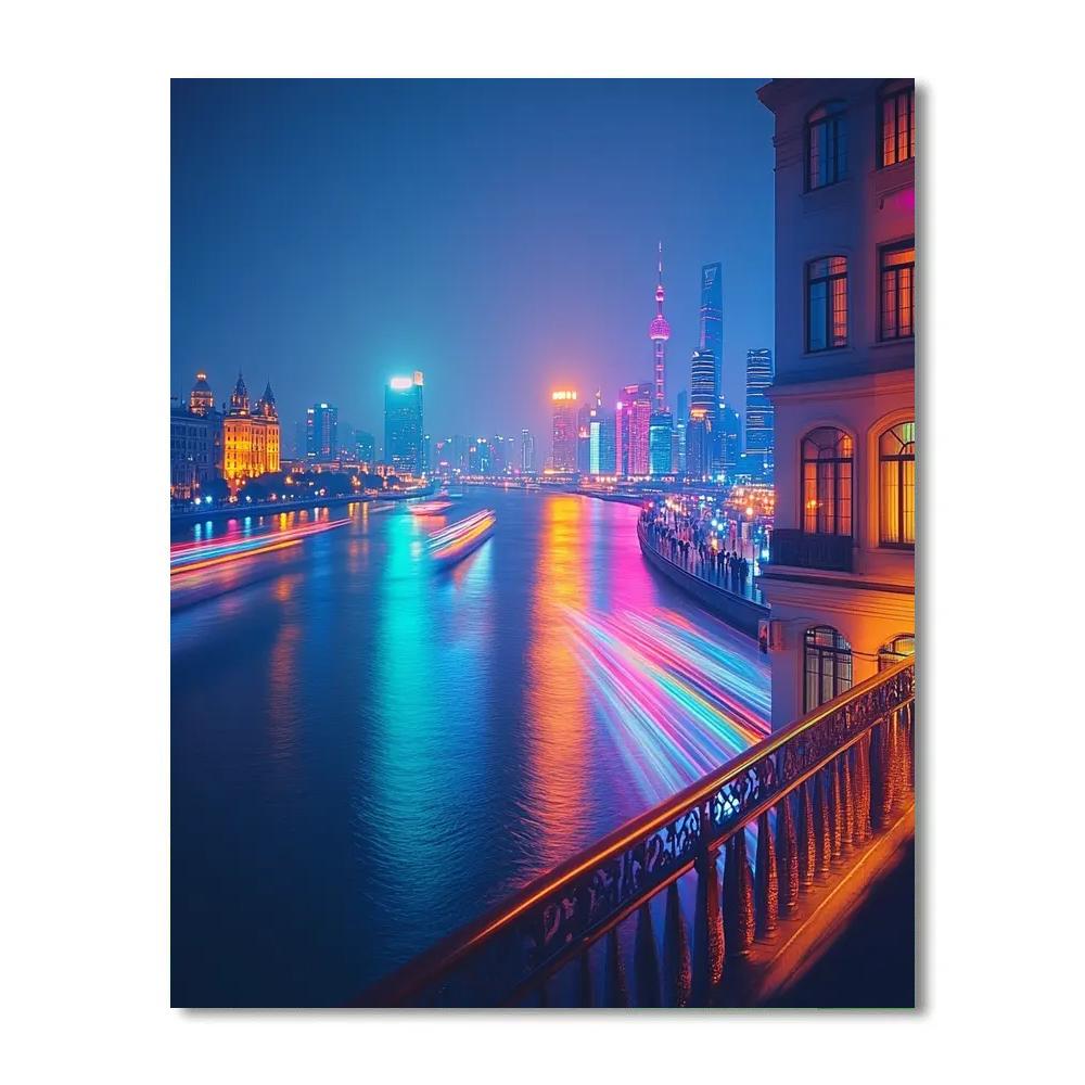 Neon Reflections On The Bund Waterfront Shanghai China painting number kit
