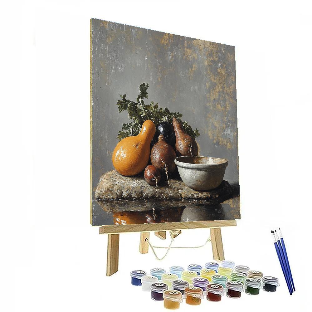 Diego Velázquez Inspired Market Still Life Of Root Vegetables In Misty Light Numbered painting kits