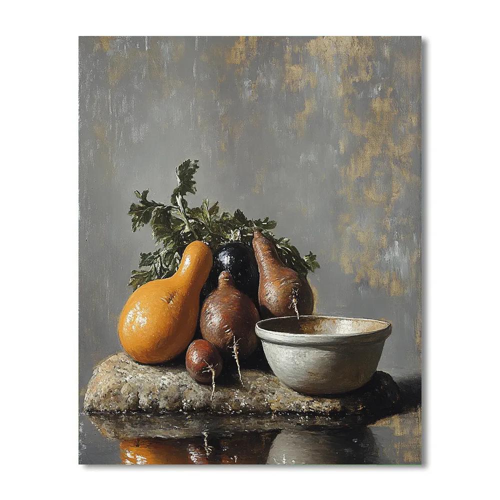 Diego Velázquez Inspired Market Still Life Of Root Vegetables In Misty Light Numbered painting kits
