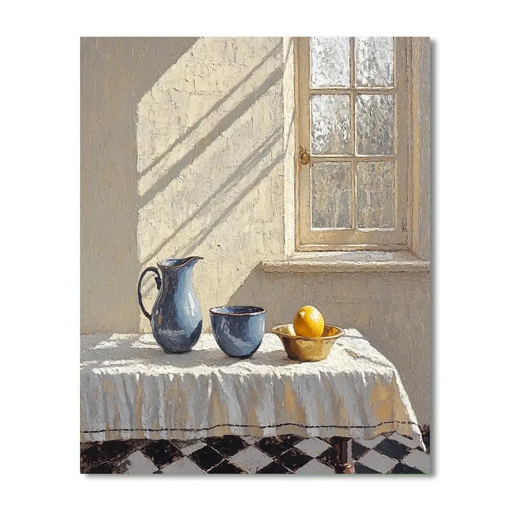 Johannes Vermeer Inspired Lapis Jug Beside A Sunlit Delft Casement Numbered painting kits