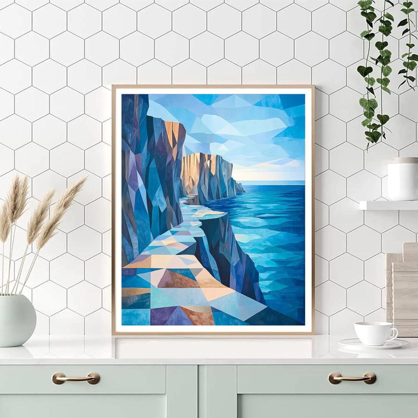 Pablo Picasso Inspired Fractured Coastal Cliffs And Lighthouse Free Horizon painting number kit