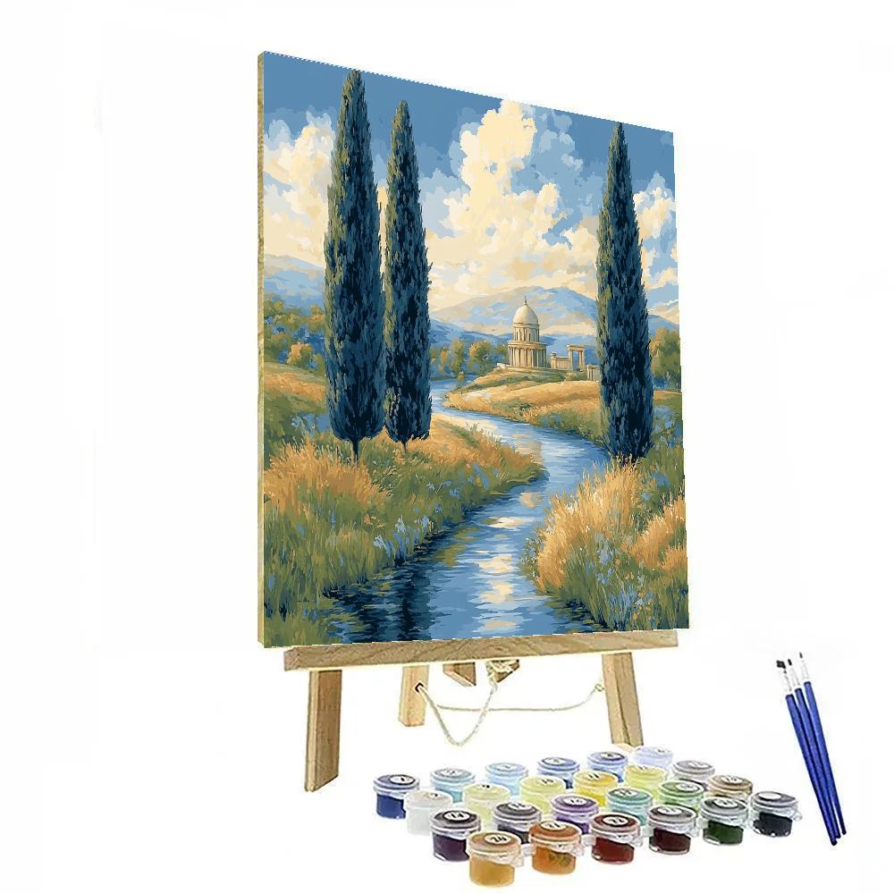 Raphael Inspired Twin Cypresses Framing A Radiant River Bend Number painting