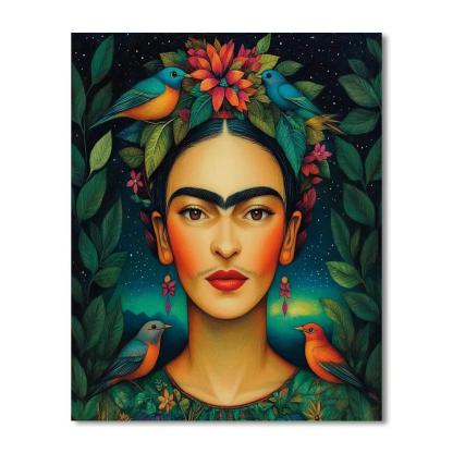Frida Kahlo Inspired Portrait With Tropical Birds Number painting