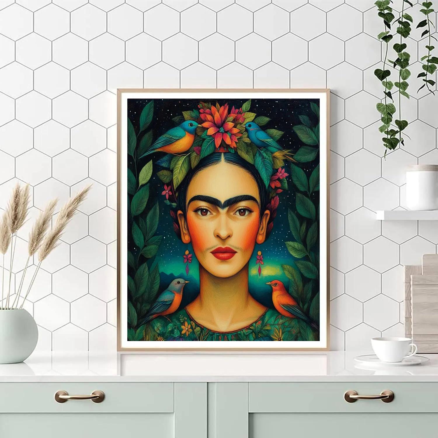 Frida Kahlo Inspired Portrait With Tropical Birds Number painting