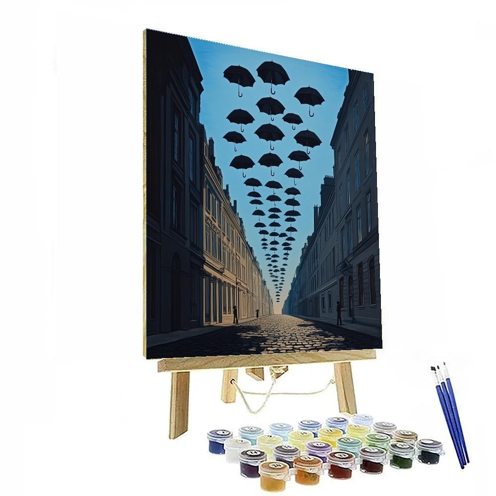 René Magritte Inspired Floating Umbrellas Over Streets Painting by numbers kit