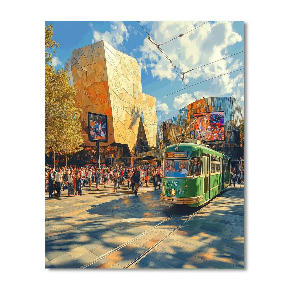Historic Tram And Modern Towers At Federation Square Melbourne Australia Paint by numbers kits