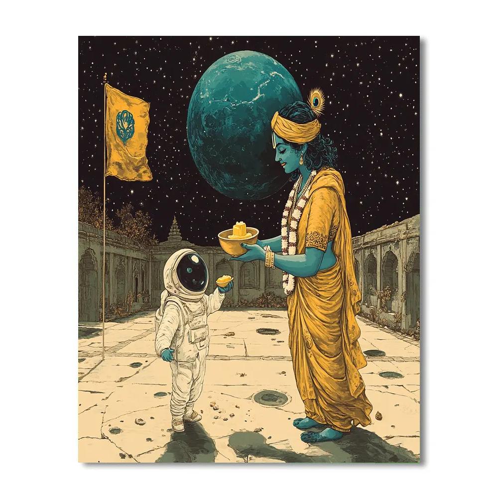 Krishna Serving Butter To A Tiny Astronaut painting number kit