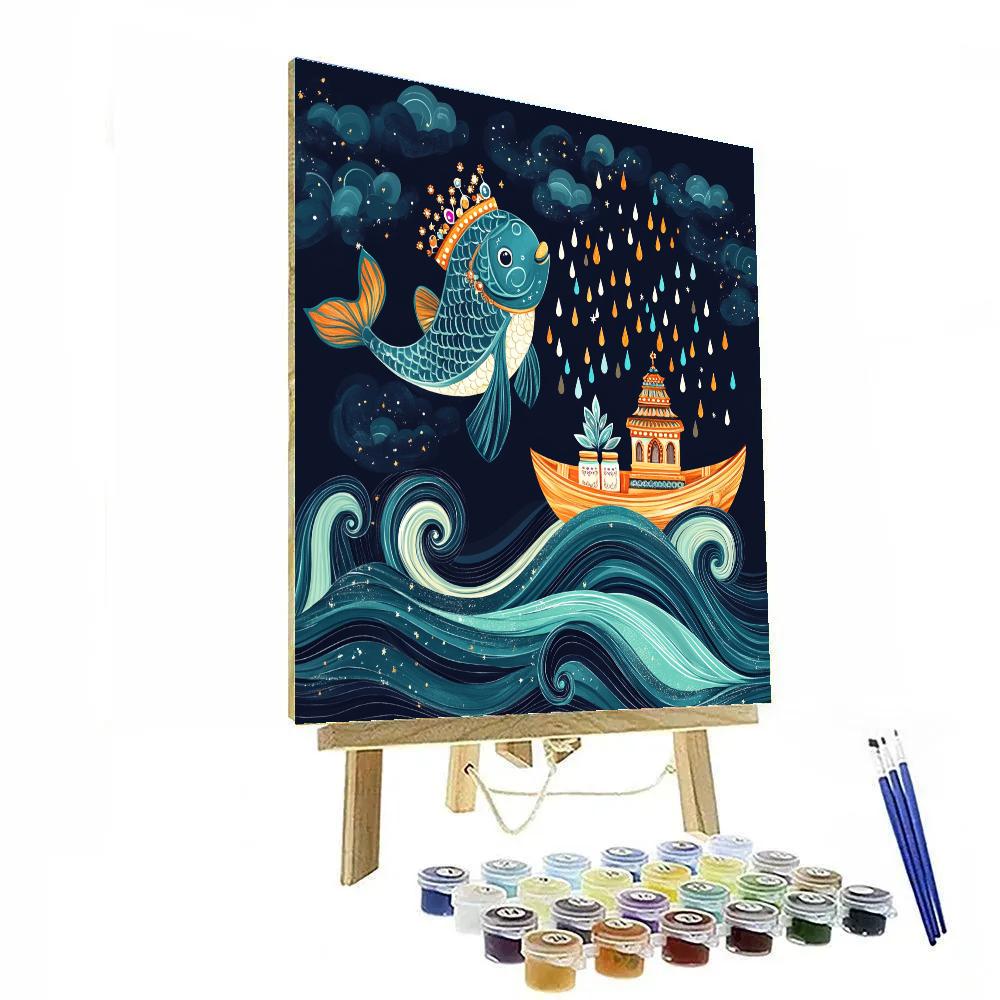 Matsya Avatar Guiding The Sacred Boat Through Cosmic Rain Paint by numbers art