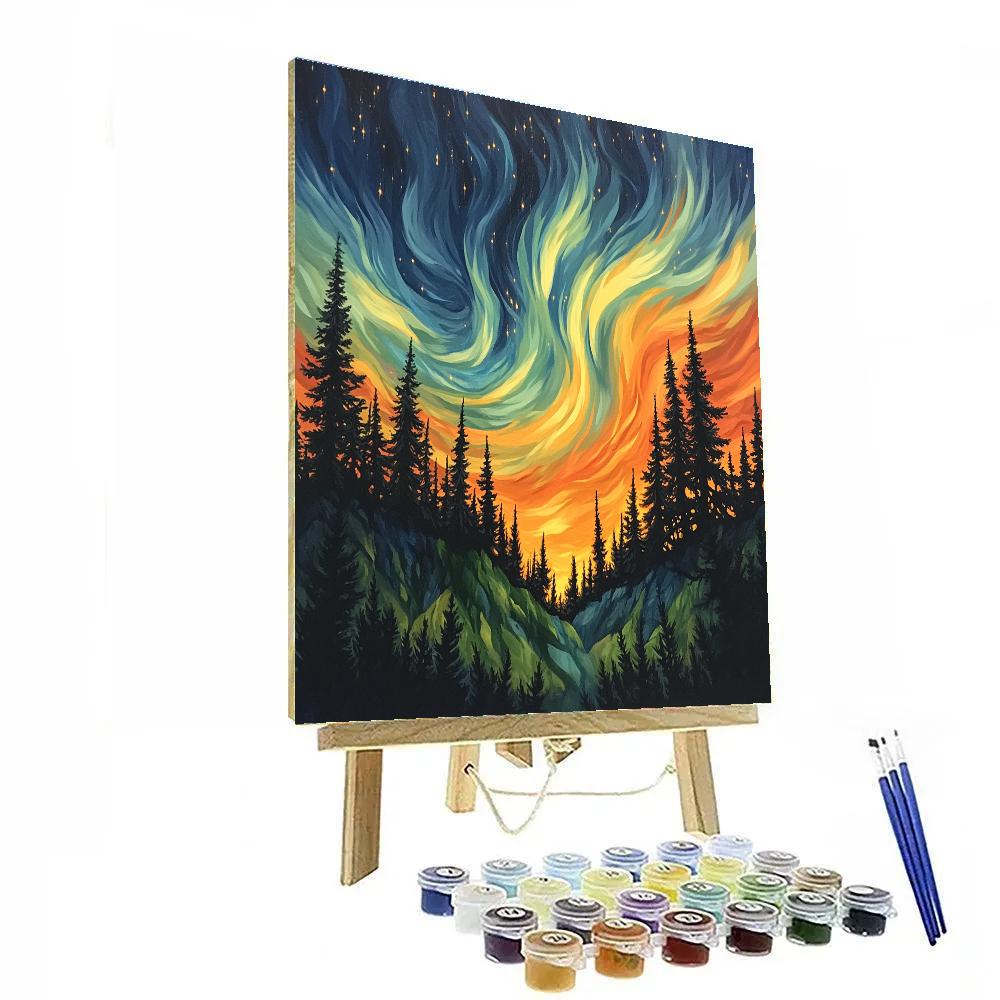 Edvard Munch Inspired Aurora Veil Above The Trembling Pine Ridge paint by numbers