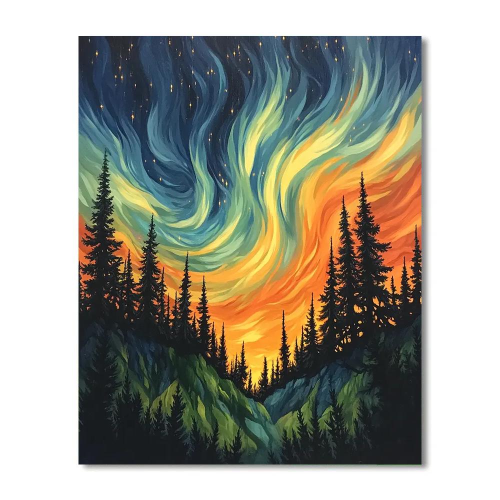 Edvard Munch Inspired Aurora Veil Above The Trembling Pine Ridge paint by numbers