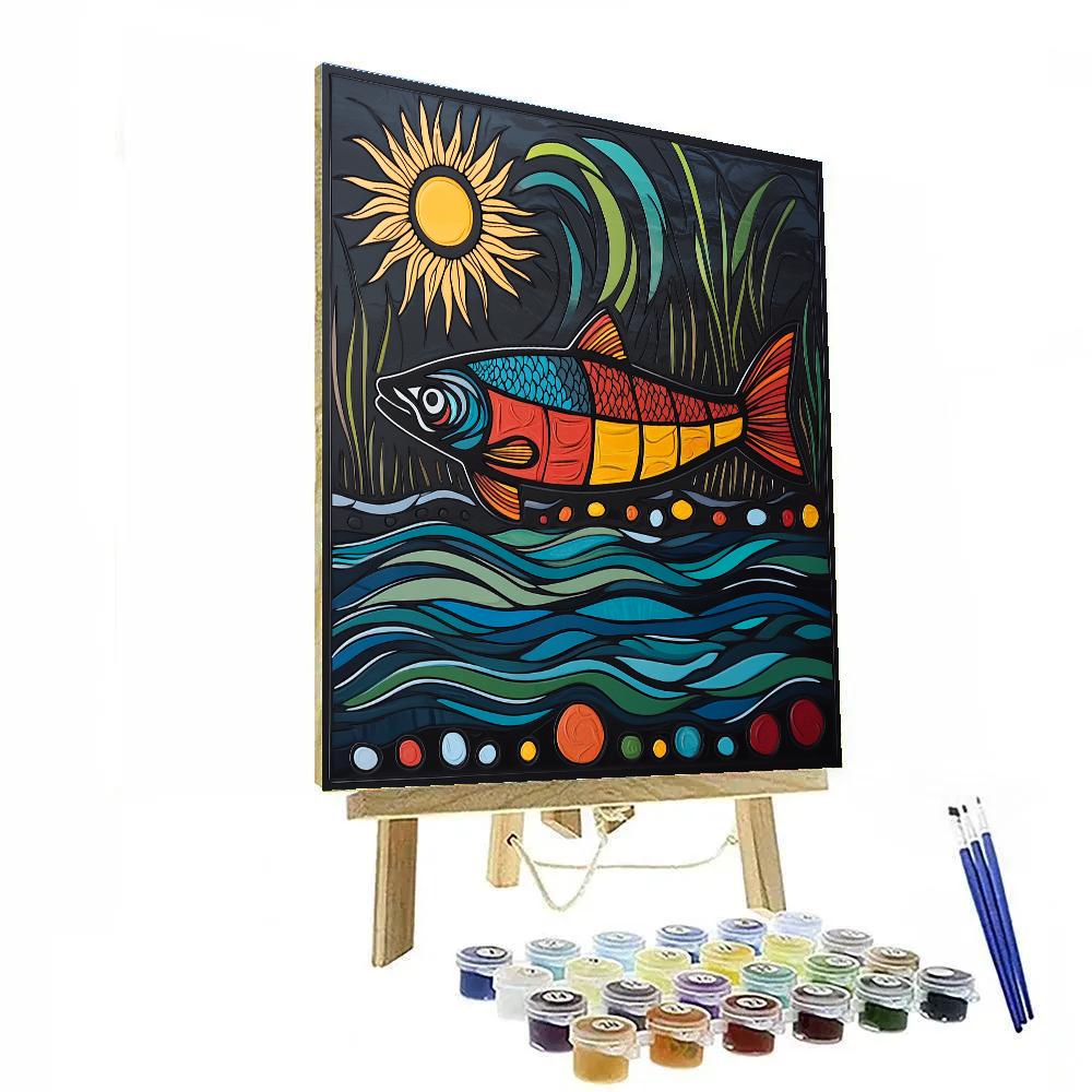 Norval Morrisseau Inspired Salmon Of River Pulse Energy paint by color