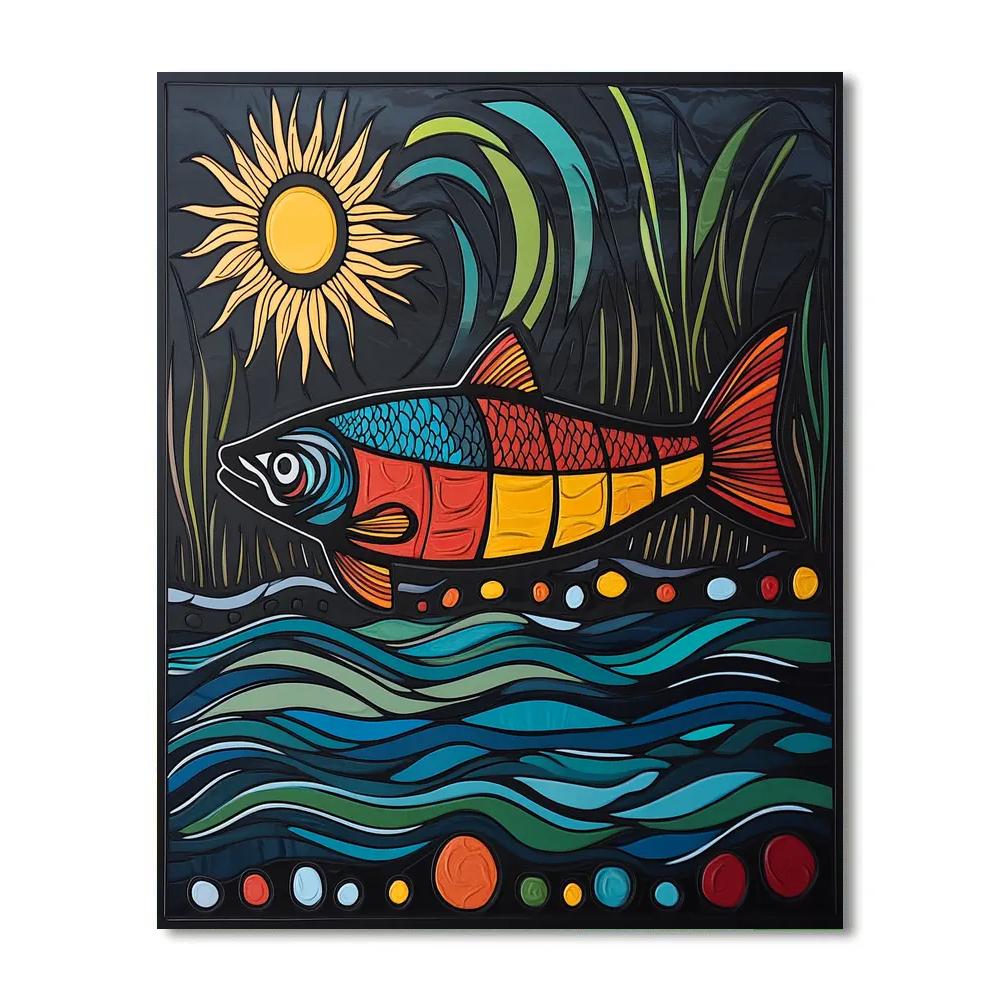 Norval Morrisseau Inspired Salmon Of River Pulse Energy paint by color