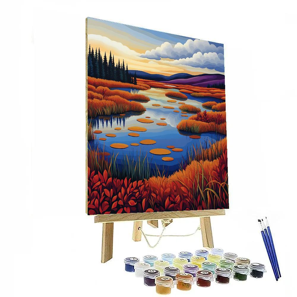 Franklin Carmichael Inspired Autumn Sky Over Copper Marsh Lakes paint by number