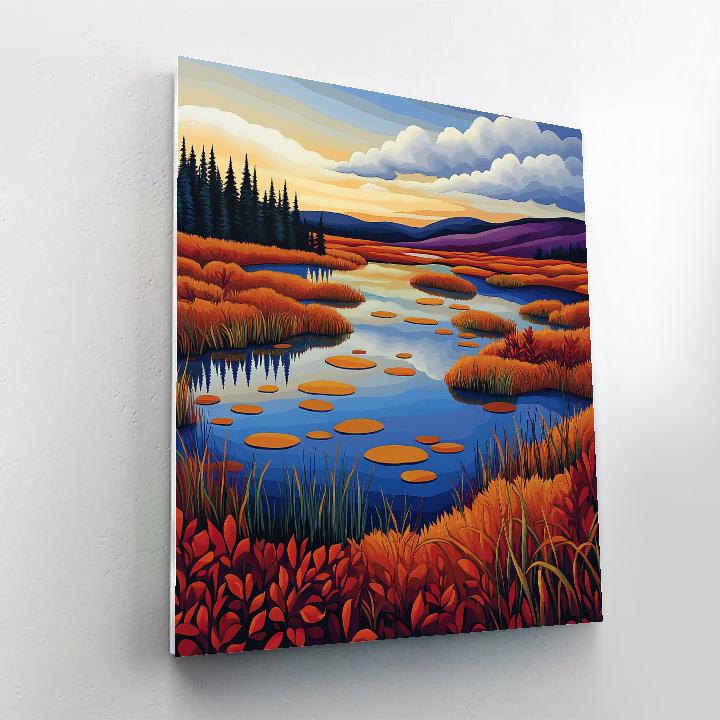 Franklin Carmichael Inspired Autumn Sky Over Copper Marsh Lakes paint by number