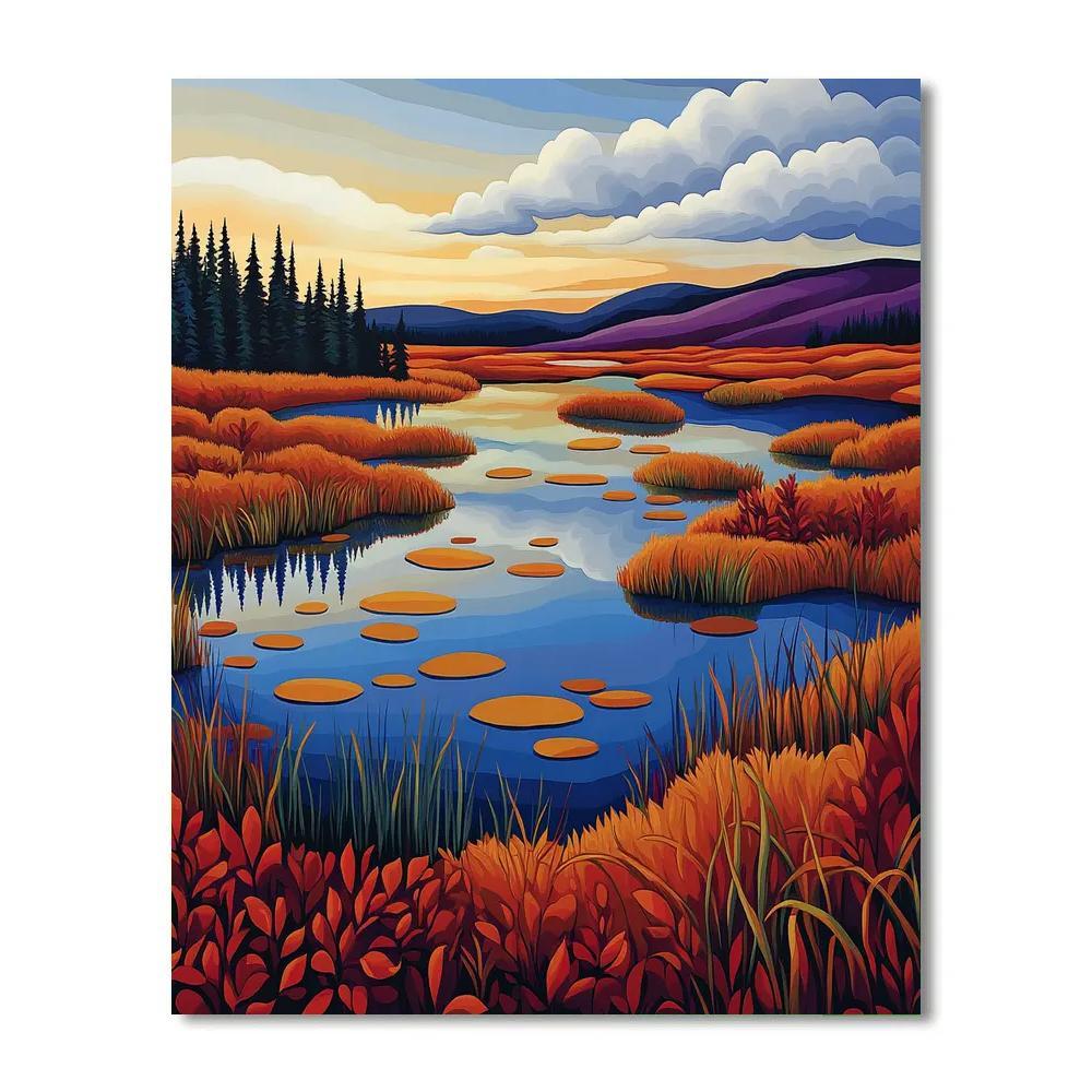 Franklin Carmichael Inspired Autumn Sky Over Copper Marsh Lakes paint by number