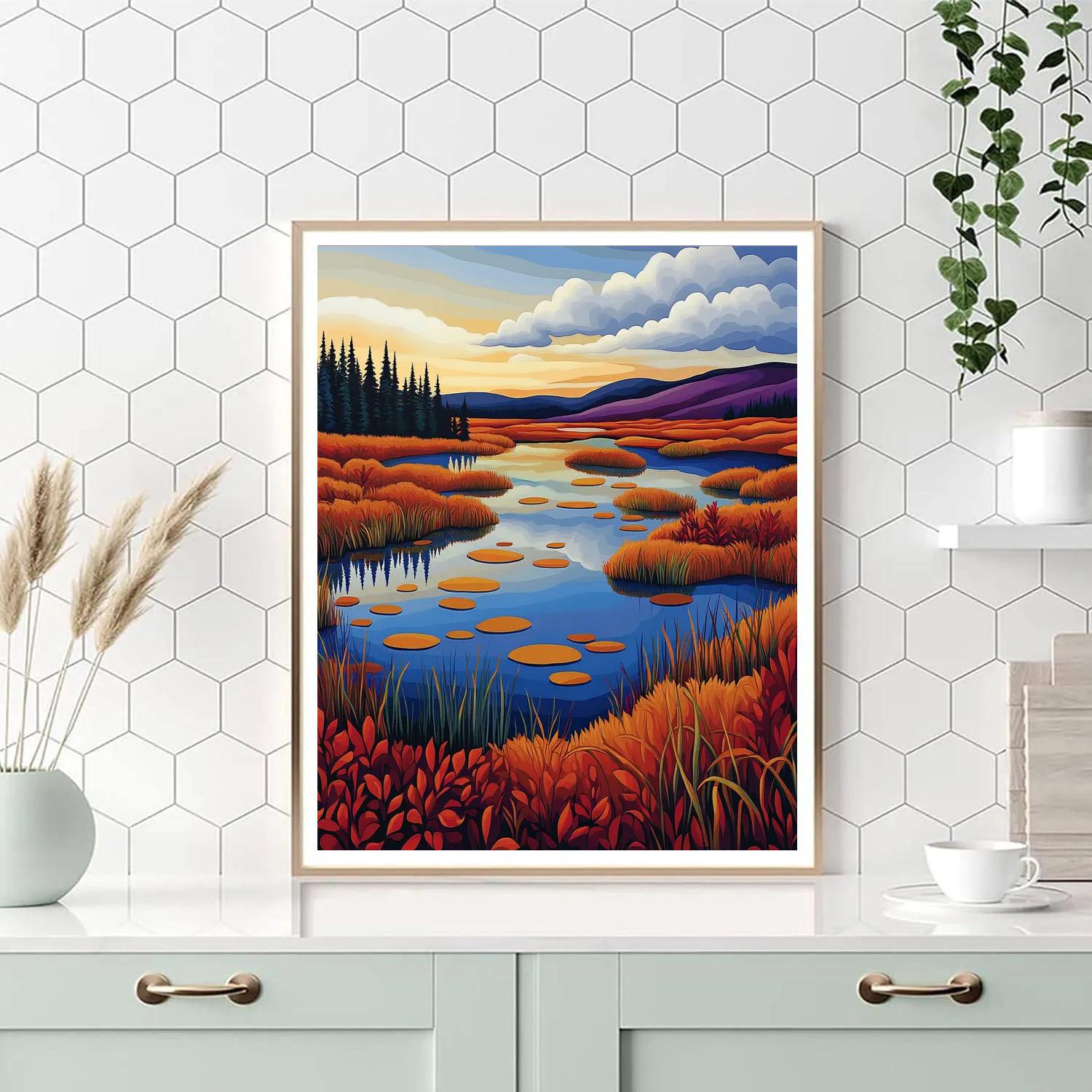 Franklin Carmichael Inspired Autumn Sky Over Copper Marsh Lakes paint by number